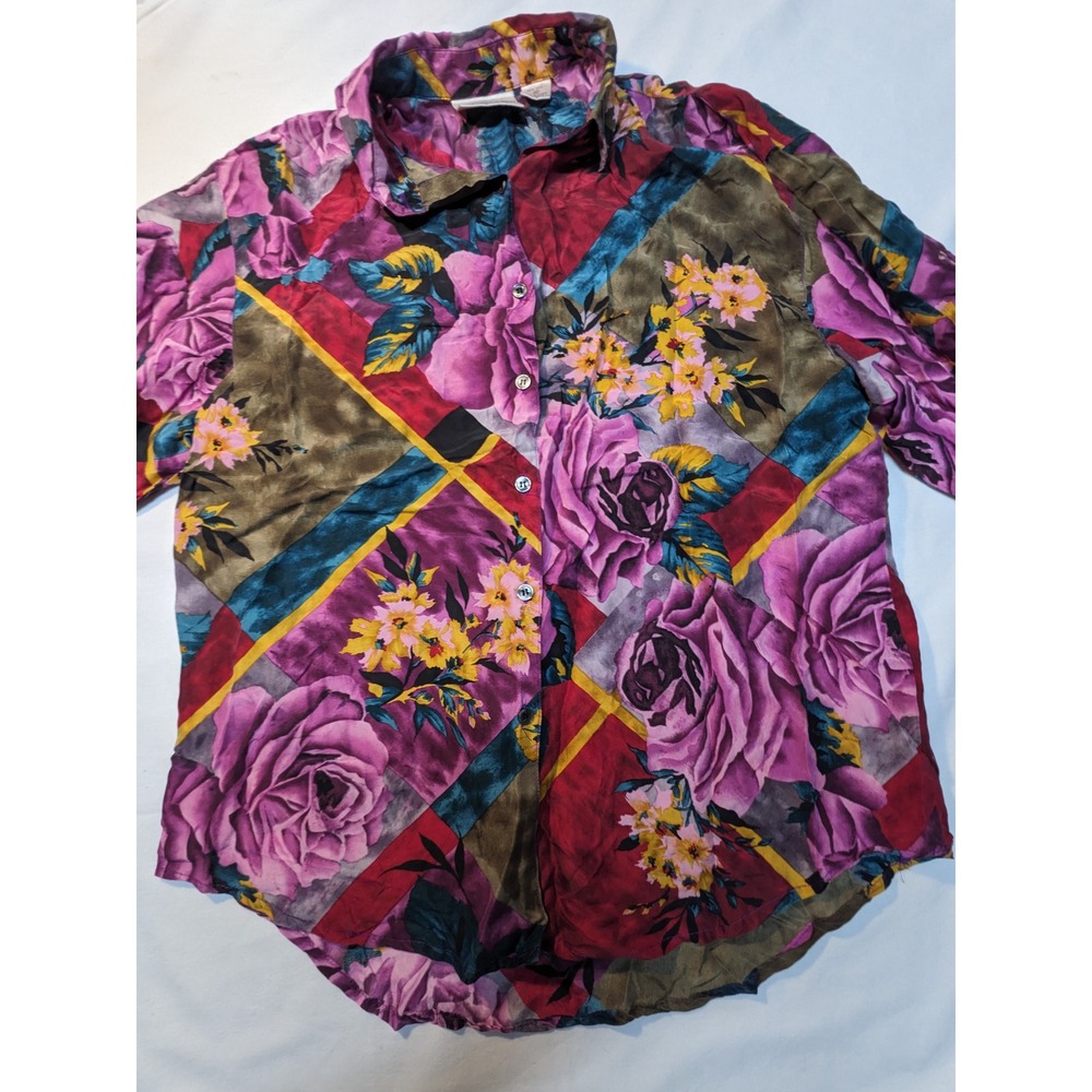 Copper Key Silk Floral Patchwork Button Down Shir… - image 4